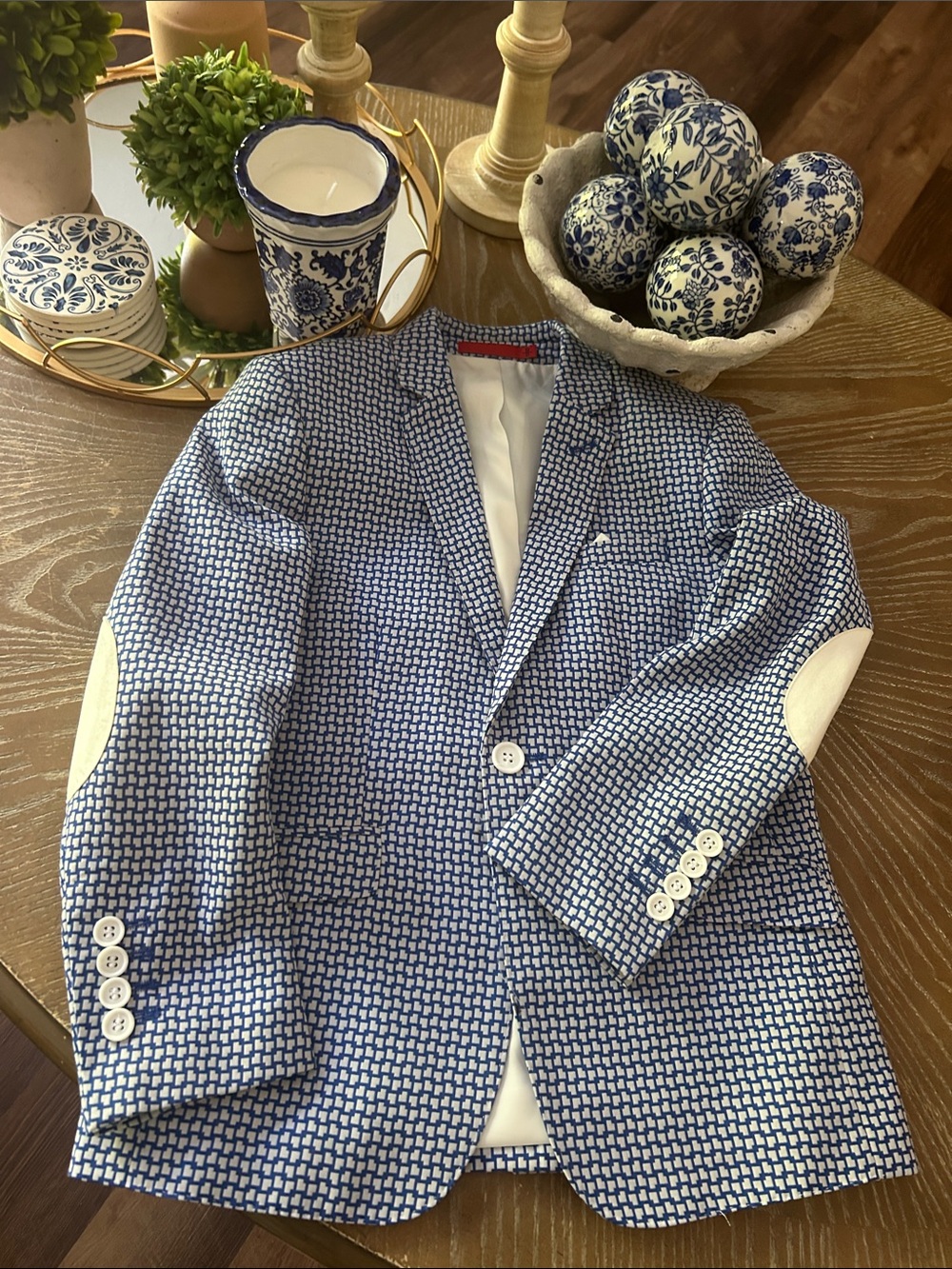 Boys Blue Patterned Blazer Classic Tailored Jacket